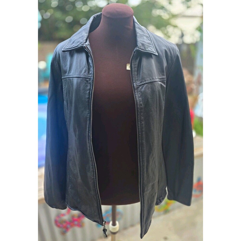 Wilson's Leather Women's L Black Leather Short Zip Front Collared Jacket Y2K